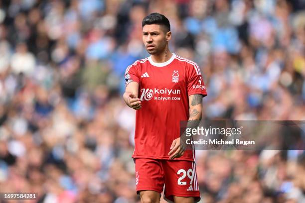 Gonzalo Montiel of Notts Forest in action during the Premier League match between Manchester City and Nottingham Forest at Etihad Stadium on...