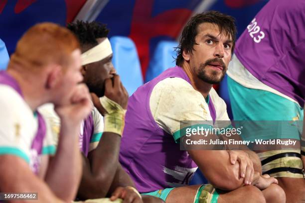 Eben Etzebeth of South Africa looks on from the bench during the Rugby World Cup France 2023 match between South Africa and Ireland at Stade de...