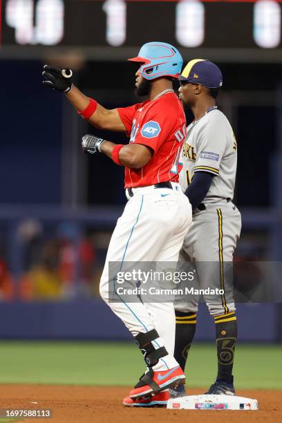 Bryan De La Cruz of the Miami Marlins doubles during the fourth inning against the Milwaukee Brewers at loanDepot park on September 23, 2023 in...