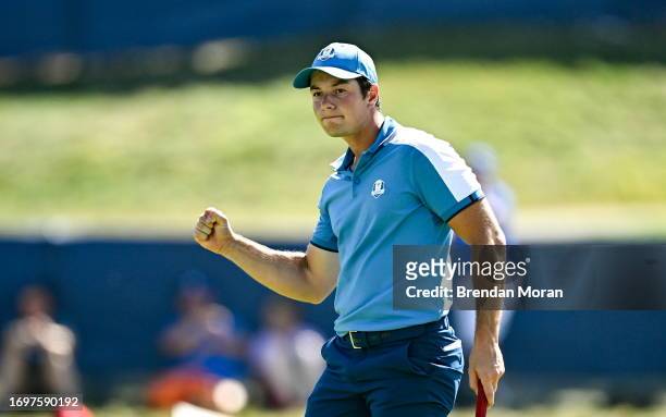 Rome , Italy - 29 September 2023; Viktor Hovland of Europe celebrates on the seventh green after putting to tie the match during the afternoon...