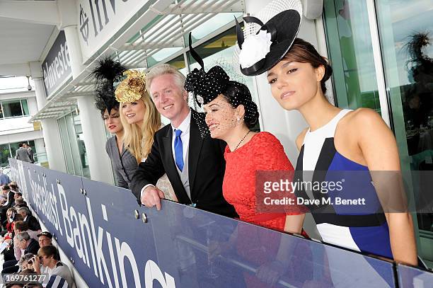 Martha Sitwell, Laura Whitmore, Philip Treacy, Kim Murdoch and Samantha Barks attend Derby Day at the Investec Derby Festival at Epsom Racecourse on...