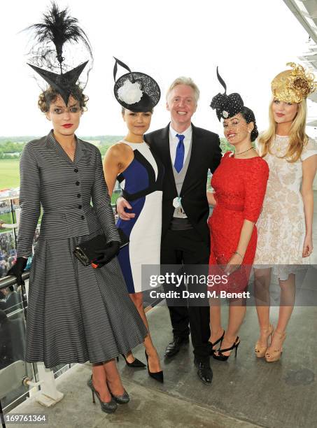 Martha Sitwell, Samantha Barks, Philip Treacy, Kim Murdoch and Laura Whitmore attend Derby Day at the Investec Derby Festival at Epsom Racecourse on...