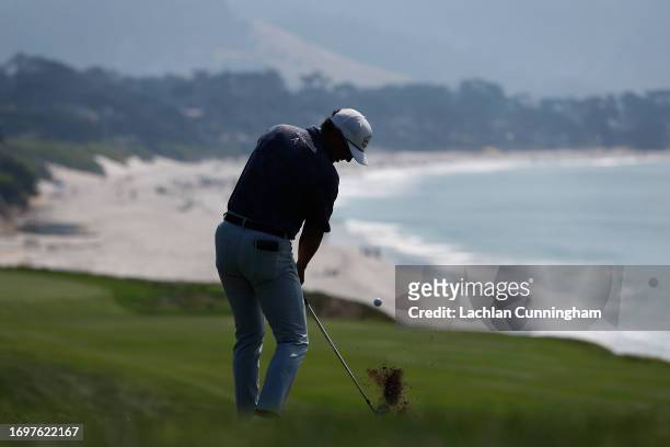 Tom Pernice Jr. Of the United States hits an approach shot on the 9th hole during the second round of the PURE Insurance Championship at Pebble Beach...