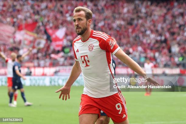 Harry Kane of FC Bayern München celebrates scoring the second team goal during the Bundesliga match between FC Bayern München and VfL Bochum 1848 at...