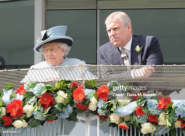 Queen Elizabeth II and Prince Andrew, Duke of York, attend Derby Day at the Investec Derby Festival at Epsom Racecourse on June 1, 2013 in Epsom,...