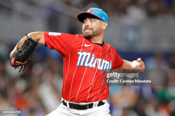 Matt Moore of the Miami Marlins delivers during the seventh inning against the Milwaukee Brewers at loanDepot park on September 23, 2023 in Miami,...