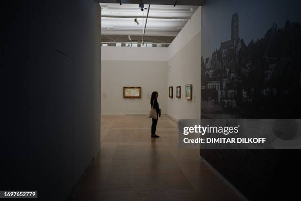 Visitor looks at paintings during the press preview of the exhibition "Van Gogh in Auvers-sur-Oise, last months" at Orsay Museum in Paris on...