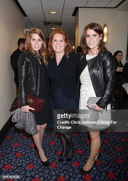 Princess Beatrice, Sarah Ferguson and Princess Eugenie inside the Royal Box at the "Chime For Change: The Sound Of Change Live" Concert at Twickenham...