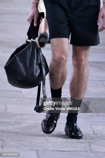 Model walks the runway during the Bally Ready to Wear Spring/Summer 2024 fashion show as part of the Milan Fashion Week on September 23, 2023 in...