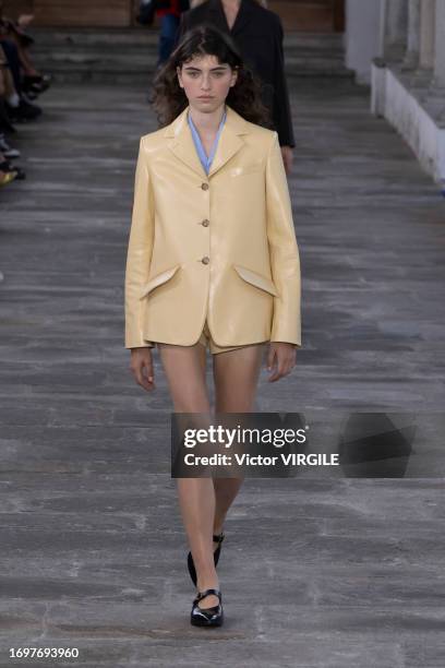 Model walks the runway during the Bally Ready to Wear Spring/Summer 2024 fashion show as part of the Milan Fashion Week on September 23, 2023 in...