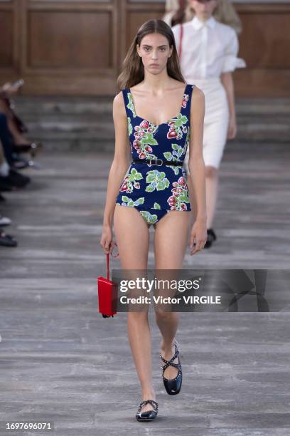 Model walks the runway during the Bally Ready to Wear Spring/Summer 2024 fashion show as part of the Milan Fashion Week on September 23, 2023 in...