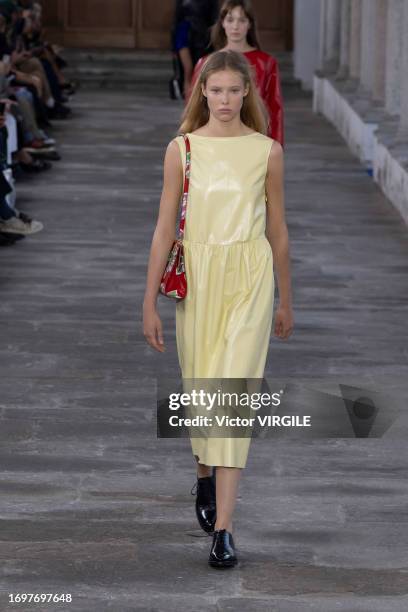 Model walks the runway during the Bally Ready to Wear Spring/Summer 2024 fashion show as part of the Milan Fashion Week on September 23, 2023 in...