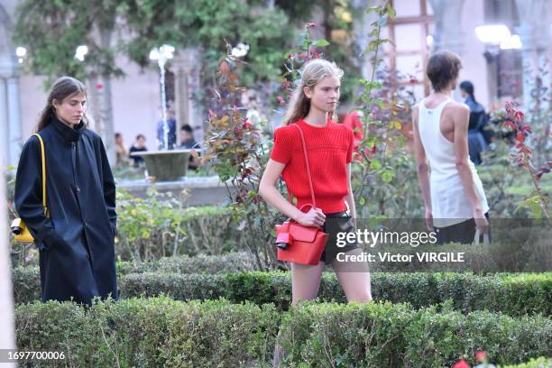 Model walks the runway during the Bally Ready to Wear Spring/Summer 2024 fashion show as part of the Milan Fashion Week on September 23, 2023 in...