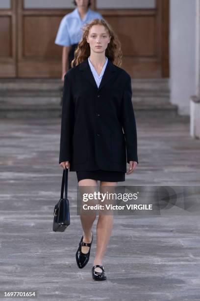 Model walks the runway during the Bally Ready to Wear Spring/Summer 2024 fashion show as part of the Milan Fashion Week on September 23, 2023 in...