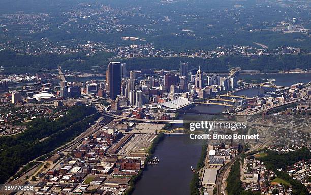 An aerial view of Pittsburgh area prior to the game between the Pittsburgh Penguins and the Boston Bruins in Game One of the Eastern Conference Final...