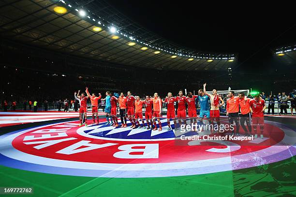 Bayern Munich players celebrate victory after the DFB Cup Final match between FC Bayern Muenchen and VfB Stuttgart at Olympiastadion on June 1, 2013...