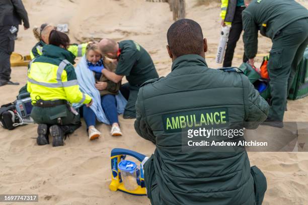 Staff and volunteers from South East Coast Ambulance Service taking part in an organised simulated emergency situation on Camber Sands on the 28th of...