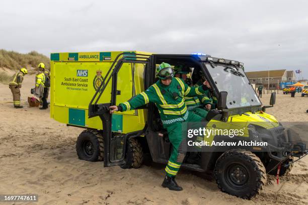 Staff and volunteers from South East Coast Ambulance Service taking part in an organised simulated emergency situation on Camber Sands on the 28th of...