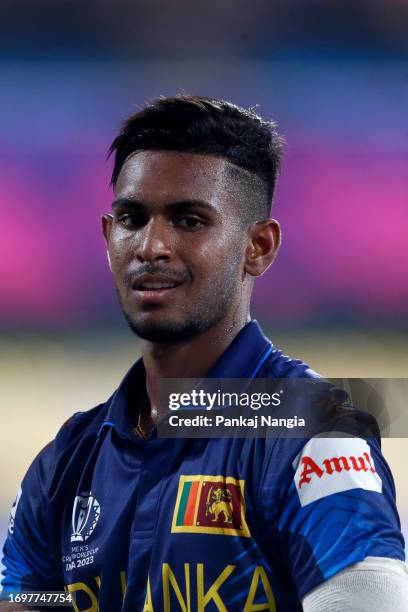 Matheesha Pathirana of Sri Lanka \lloks on during the Bangladesh and Sri Lanka warm-up match prior to the ICC Men's Cricket World Cup at Assam...