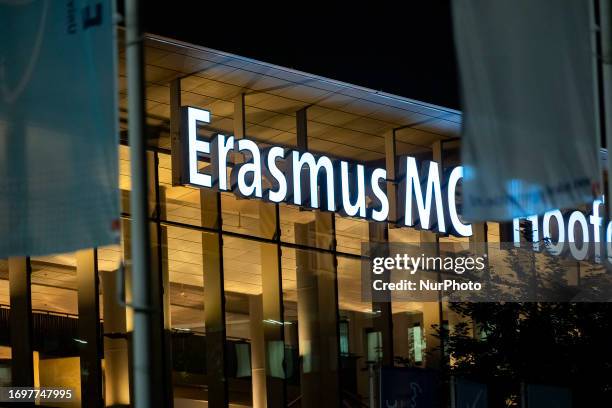 Night view of Erasmus MC with police vehicles and restricted area during the night after the Rotterdam shootings, a gunman killed three people in the...