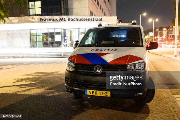 Night view of Erasmus MC with police vehicles and restricted area during the night after the Rotterdam shootings, a gunman killed three people in the...
