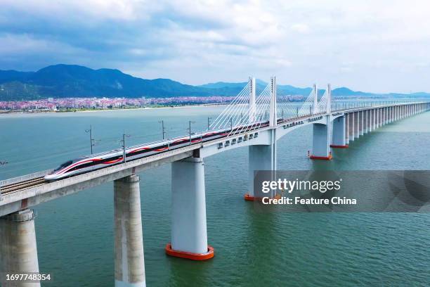 Bullet train runs across Meizhou Bay Bridge on the first day of operation of the 350km/h Fuzhou-Xiamen highspeed railway in Putian in southeast...