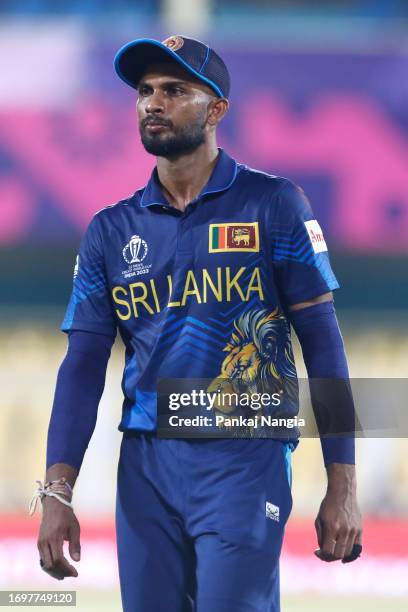 Dasun Shanaka of Sri Lanka looks on during the Bangladesh and Sri Lanka warm-up match prior to the ICC Men's Cricket World Cup at Assam Cricket...