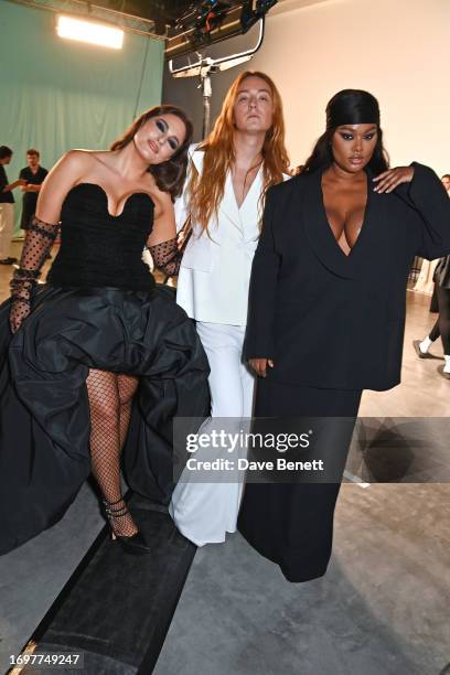 Ashley Graham, Harris Reed and Precious Lee pose backstage at the Nina Ricci Womenswear Spring/Summer 2024 show as part of Paris Fashion Week at...