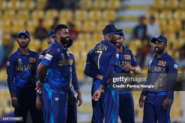 Lahiru Kumara of Sri Lanka celebrates the wicket of Tanzid Hasan of Bangladesh during the Bangladesh and Sri Lanka warm-up match prior to the ICC...