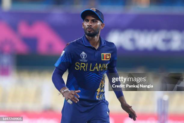 Dasun Shanaka of Sri Lanka looks on during the Bangladesh and Sri Lanka warm-up match prior to the ICC Men's Cricket World Cup at Assam Cricket...