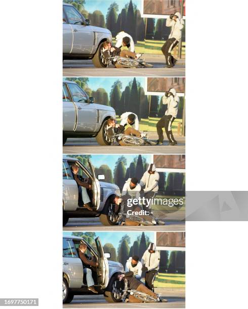 Composite image shows a sequence of pictures of two masked men masked men knocking a cyclist to the ground and stealing his bag during a street...