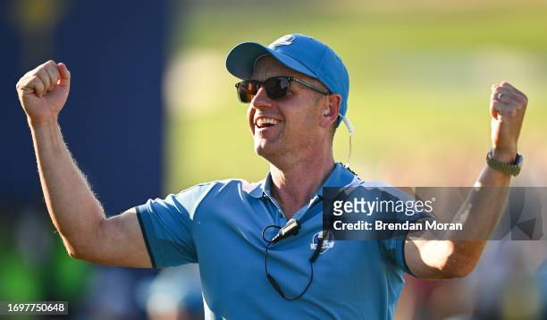 Rome , Italy - 29 September 2023; Europe captain Luke Donald celebrates on the 16th green after Jon Rahm, not pictured, chipped in to win the hole...