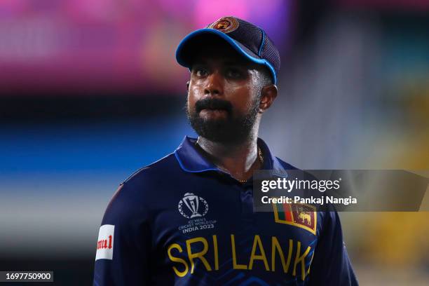 Charith Asalanka of Sri Lanka looks on during the Bangladesh and Sri Lanka warm-up match prior to the ICC Men's Cricket World Cup at Assam Cricket...