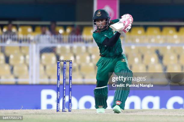 Mushfiqur Rahim of Bangladesh plays a shot during the Bangladesh and Sri Lanka warm-up match prior to the ICC Men's Cricket World Cup at Assam...