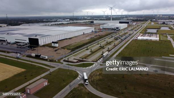 Aerial drone picture shows the 'Logistics Valley Flanders' logistics hub in Genk, on the site of the former Ford assembly plant, Friday 29 September...