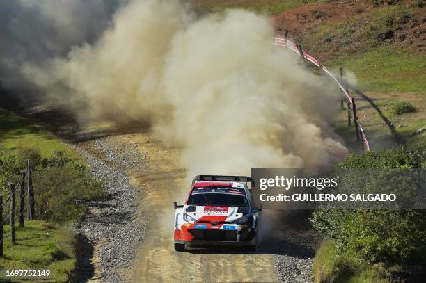 British driver Elfyn Evans and British co-driver Scott Martin compete in their Toyota GR Yaris during the Concepcion stage of the WRC Rally Chile,...