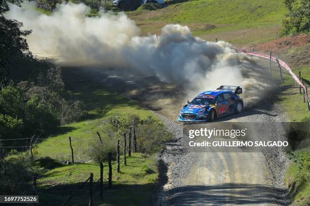 Estonian driver Ott Tanak and Estonian co-driver Martin Järveoja compete in their Ford Puma during the Concepcion stage of the WRC Rally Chile, the...