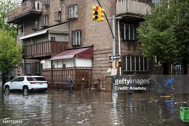 General view of a flooded street in Williamsburg, New York, United States on September 29, 2023.