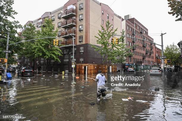 General view of a flooded street in Williamsburg, New York, United States on September 29, 2023.
