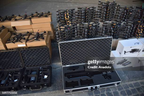 View of drones as volunteers hand over to the Ukrainian military in Lviv, Ukraine on September 29, 2023. Today, volunteers from the 'Birds of...