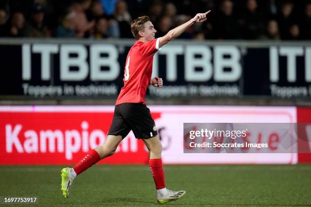 Tygo Land of PSV U23 celebrates 0-2 during the Dutch Keuken Kampioen Divisie match between SC Cambuur v PSV U23 at the Cambuur Stadium on September...