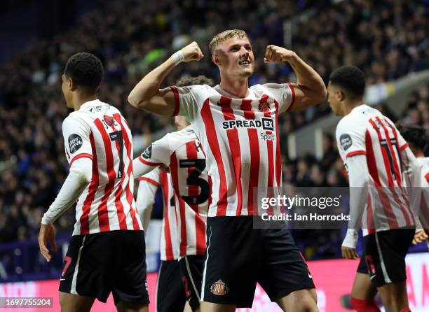 Dan Ballard of Sunderland celebrates after he scores the opening goal during the Sky Bet Championship match between Sheffield Wednesday and...