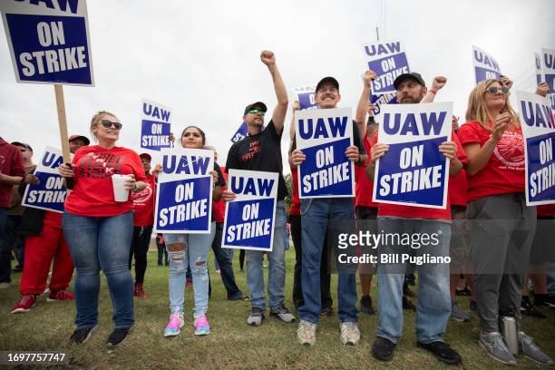 United Auto Workers members strike the General Motors Lansing Delta Assembly Plant on September 29, 2023 in Lansing, Michigan. Today the UAW expanded...