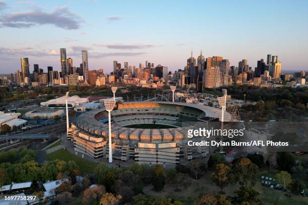 An aerial view of the ground before the 2023 AFL Grand Final match between the Collingwood Magpies and the Brisbane Lions at the Melbourne Cricket...
