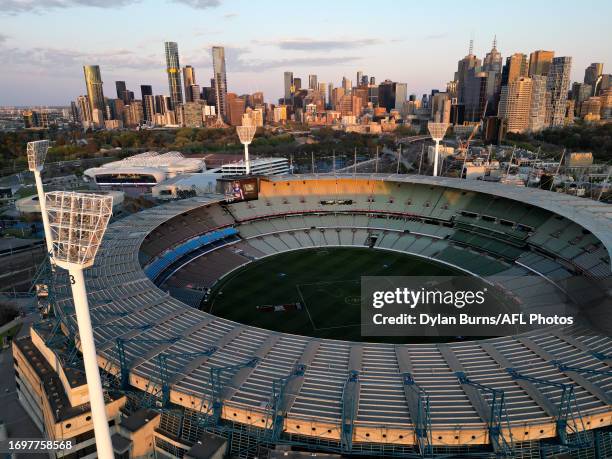 An aerial view of the ground before the 2023 AFL Grand Final match between the Collingwood Magpies and the Brisbane Lions at the Melbourne Cricket...