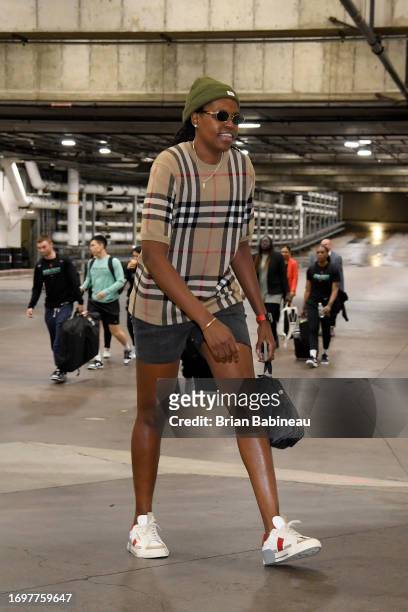 Jonquel Jones of the New York Liberty arrives to the arena before game three of the 2023 WNBA Playoffs semifinals against the Connecticut Sun on...