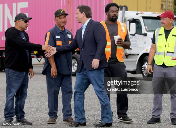 Long Beach, CA - GOP candidate and Florida Gov. Ron DeSantis meets with port workers after speaking at a news conference at the Long Beach Grain...