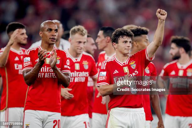 Joao Mario of Benfica, Joao Neves of Benfica celebrating the victroy during the Portugese Primeira Liga match between Benfica v FC Porto at the...