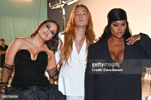 Ashley Graham, Harris Reed and Precious Lee pose backstage at the Nina Ricci Womenswear Spring/Summer 2024 show as part of Paris Fashion Week at...