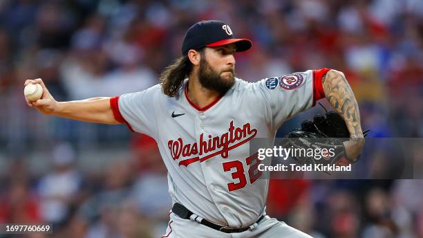 Trevor Williams of the Washington Nationals pitches during the first inning against the Atlanta Braves at Truist Park on September 29, 2023 in...